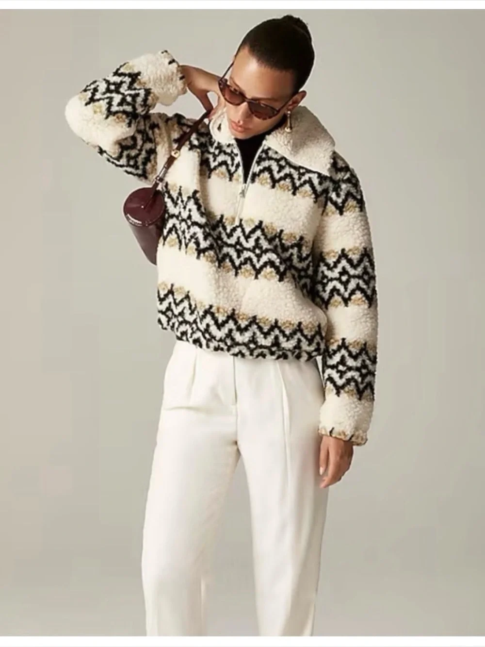 J. Crew Jacquard Print Sherpa Half-Zip Lined Fleece Pullover – Ivory | Sz. M